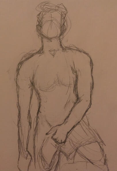 sketch of a man holding a towel over his unmentionables