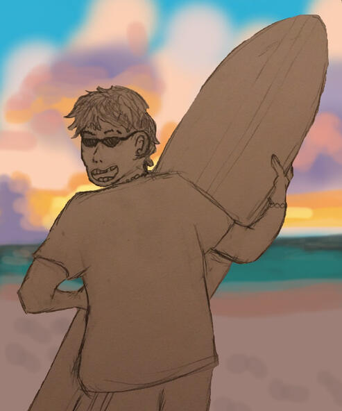 a boy holding a surfboard facing the ocean, but looking back